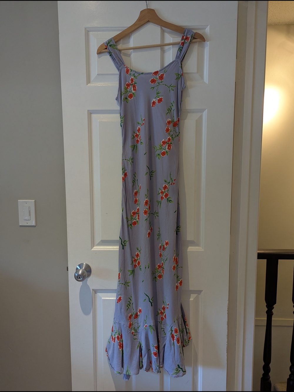 Vintage 90s Blue Floral Maxi Slip Dress Ruffle Hem Cottagecore Fairy Coquette S